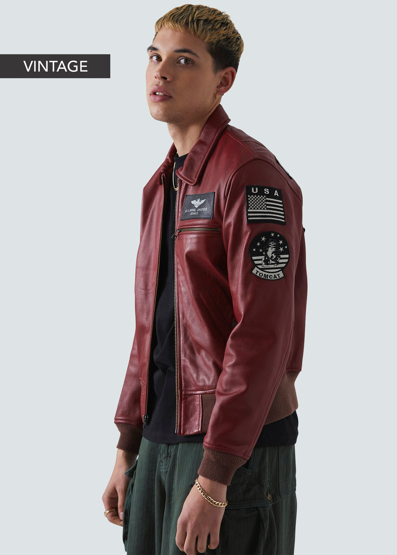 Load image into Gallery viewer, Avirex VINTAGE Tomcat Red Leather Jacket - Red - Detail
