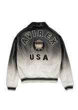 Load image into Gallery viewer, Back of the Avirex Icon jacket in black ombre leather. Embroidered logo.
