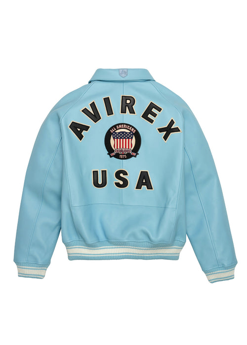 Avirex Icon jacket in light blue leather. Embroidered logo