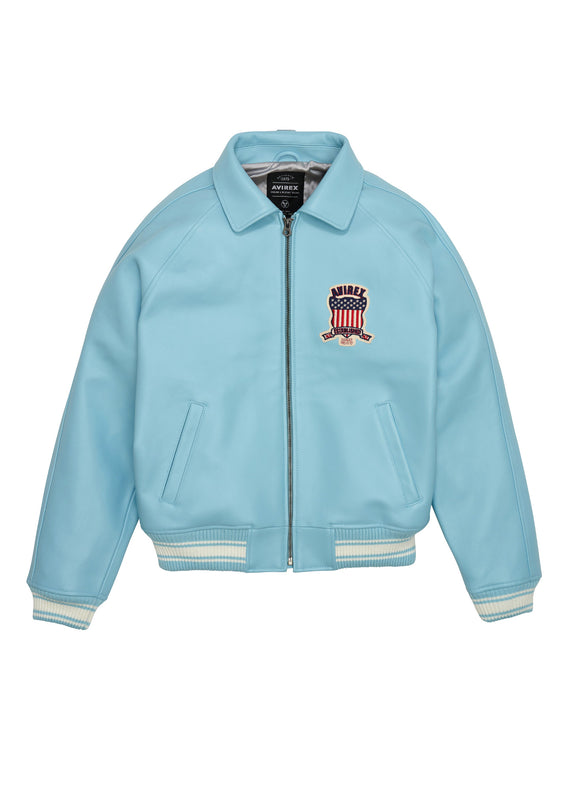 Avirex Icon jacket in light blue leather. Embroidered logo