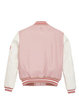 Load image into Gallery viewer, back of the Avirex Varsity leather bomber jacket in Pink and white
