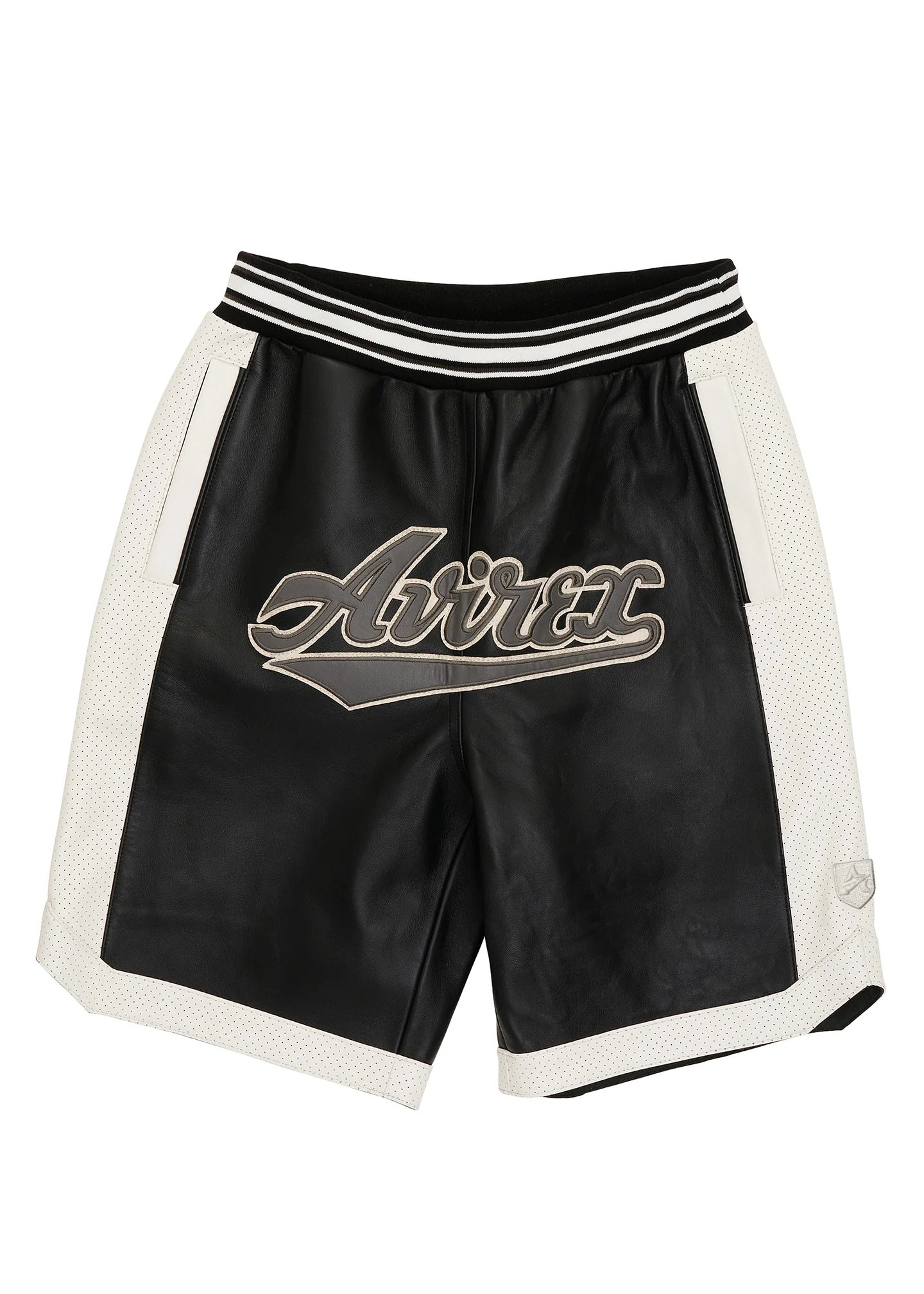 Avirex varsity shorts in black and white leather