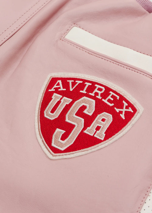 Avirex varsity leather short in pink logo close up