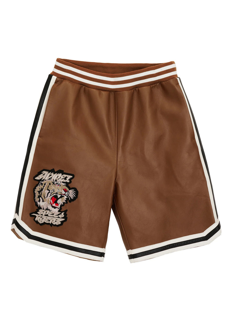 Load image into Gallery viewer, Avirex brown leather shorts. Speed tiger embroidery
