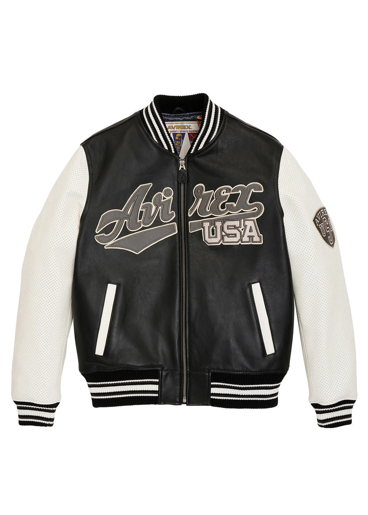 Avirex varsity bomber jacket in black and white leather