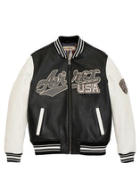 Load image into Gallery viewer, Avirex varsity bomber jacket in black and white leather

