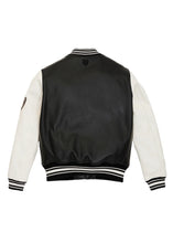 Load image into Gallery viewer, Avirex varsity bomber jacket in black and white leather back
